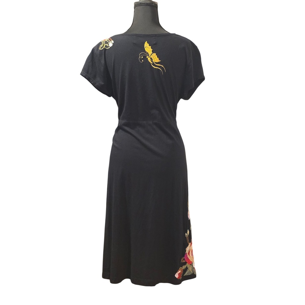 JWLA Johnny Was Black Embroidered Floral Butterfly V-Neck Midi Dress Large - Picture 6 of 10